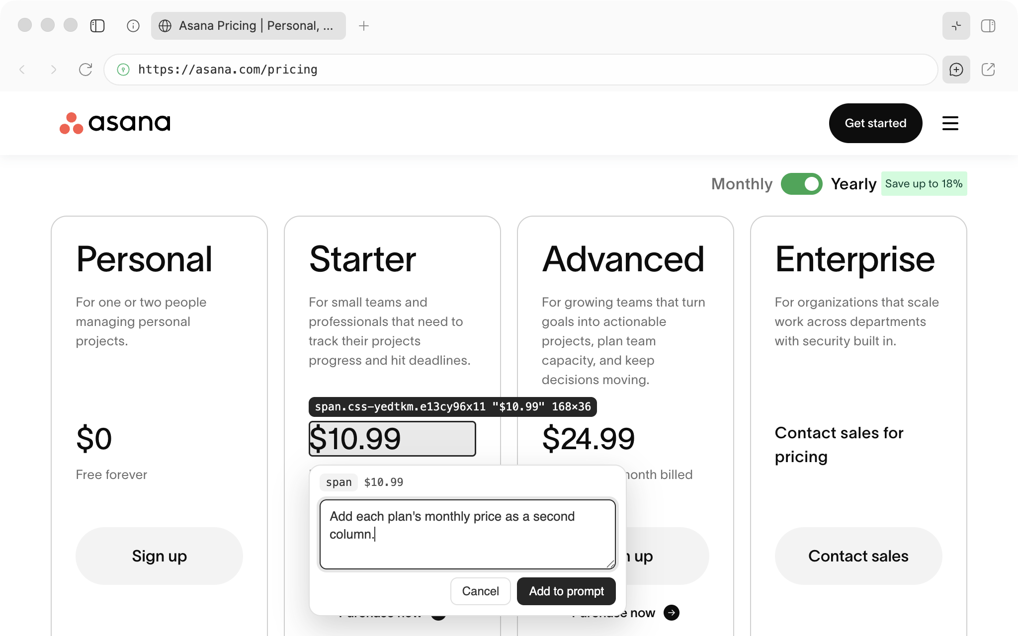 Asana's pricing page in a bb Browser tab with the Starter price selected, and the note: Add each plan's monthly price as a second column.