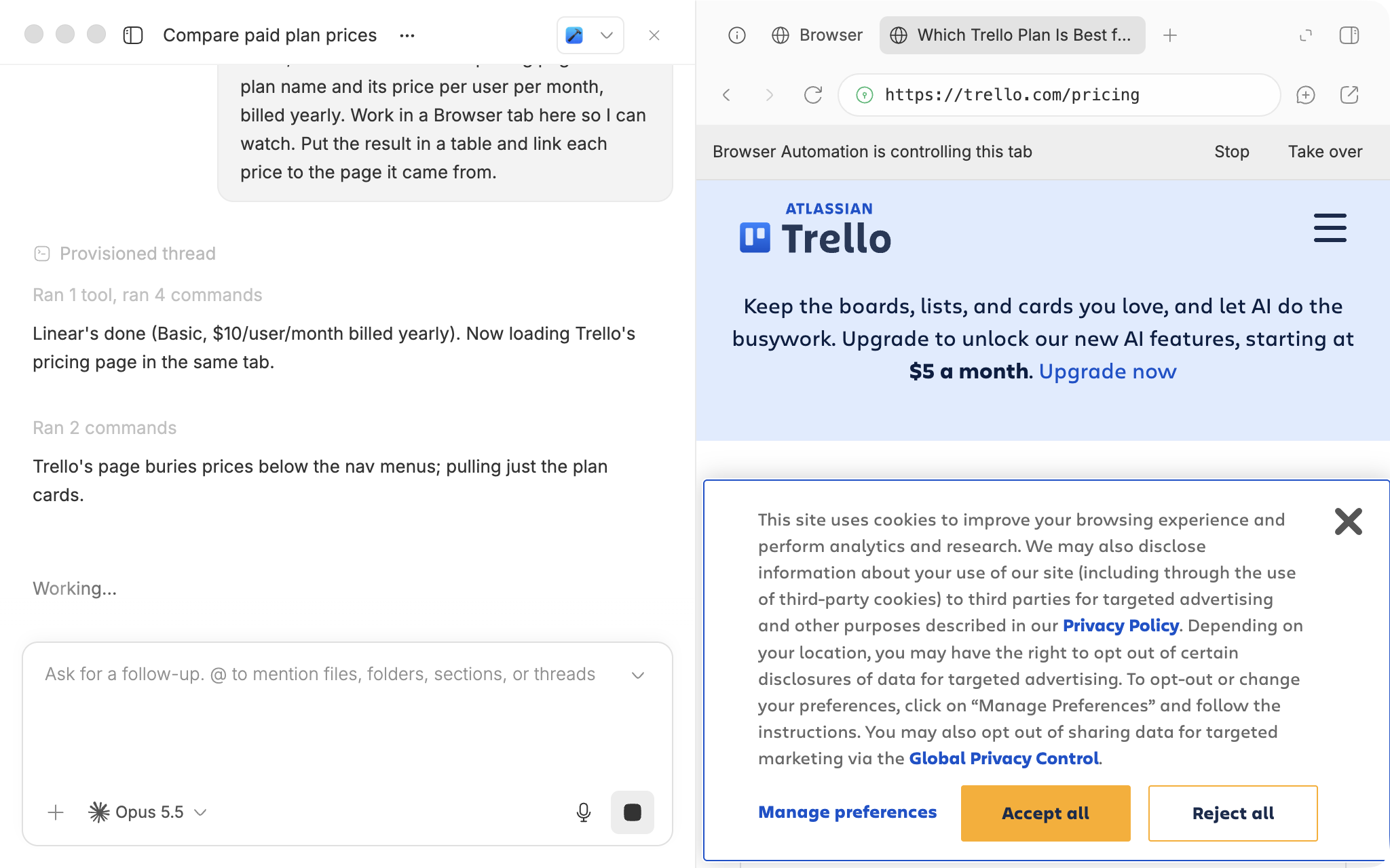 The agent reading Trello's pricing page in a bb Browser tab, under a bar that says Browser Automation is controlling this tab, with Stop and Take over