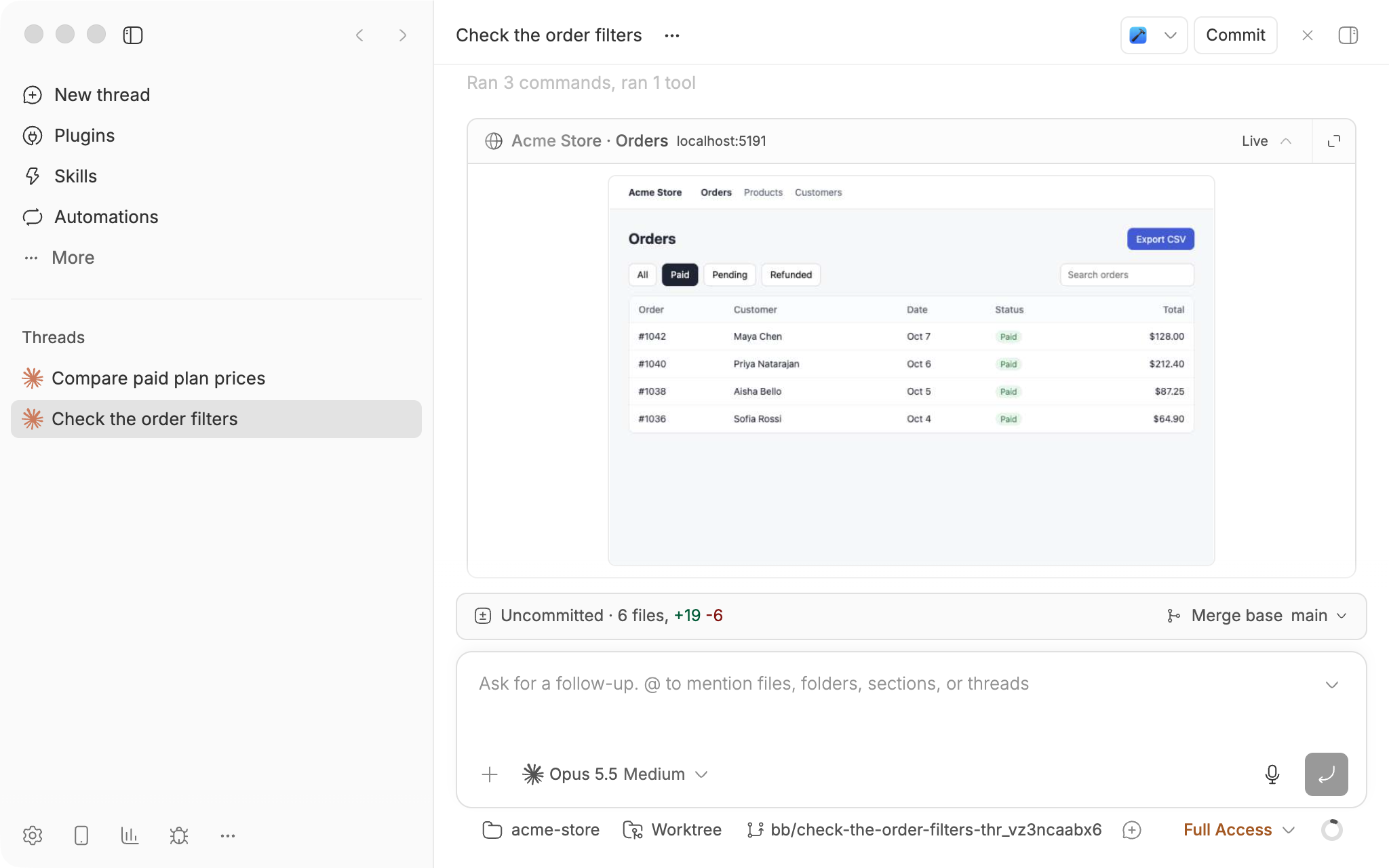 A bb thread where the agent is trying new order filters, with the full live preview of the Acme Store Orders page in its browser