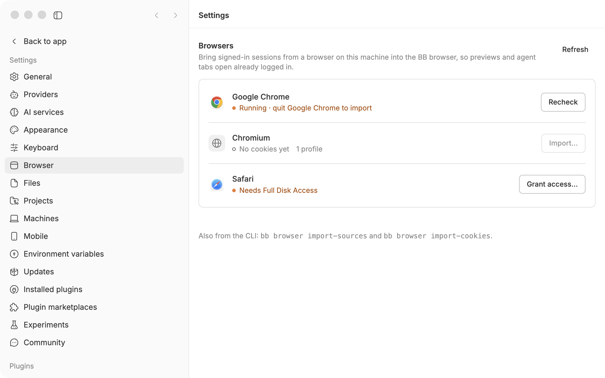 bb's Browser settings listing Google Chrome (running, quit to import), Chromium with an Import button, and Safari needing Full Disk Access