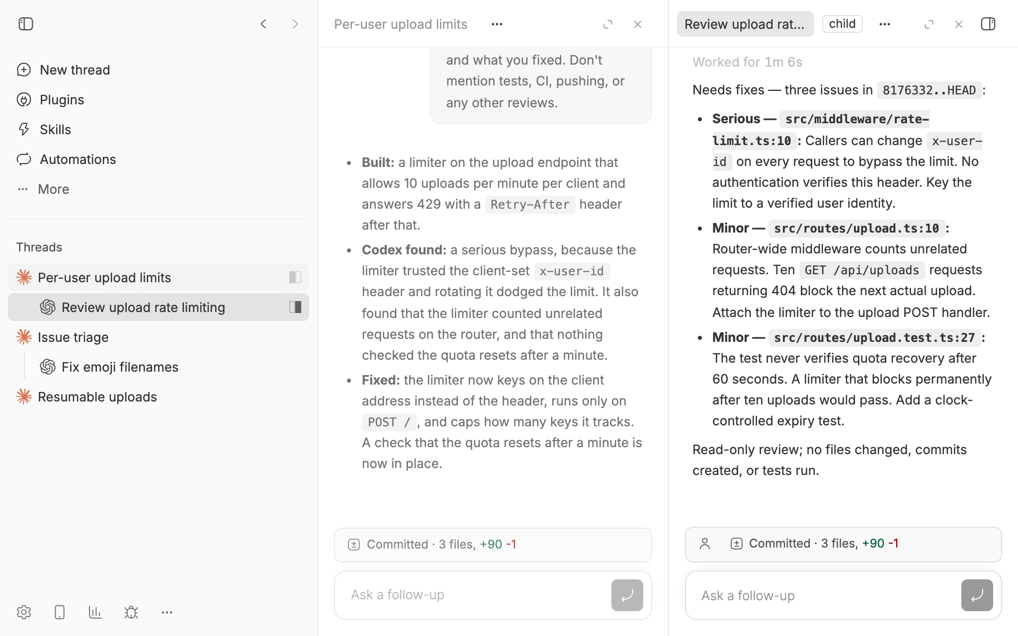 bb in split view: on the left, the Claude Code thread sums up what it built, what Codex's single review found, and what it fixed; on the right, the Codex reviewer's child thread lists one serious and two minor issues.