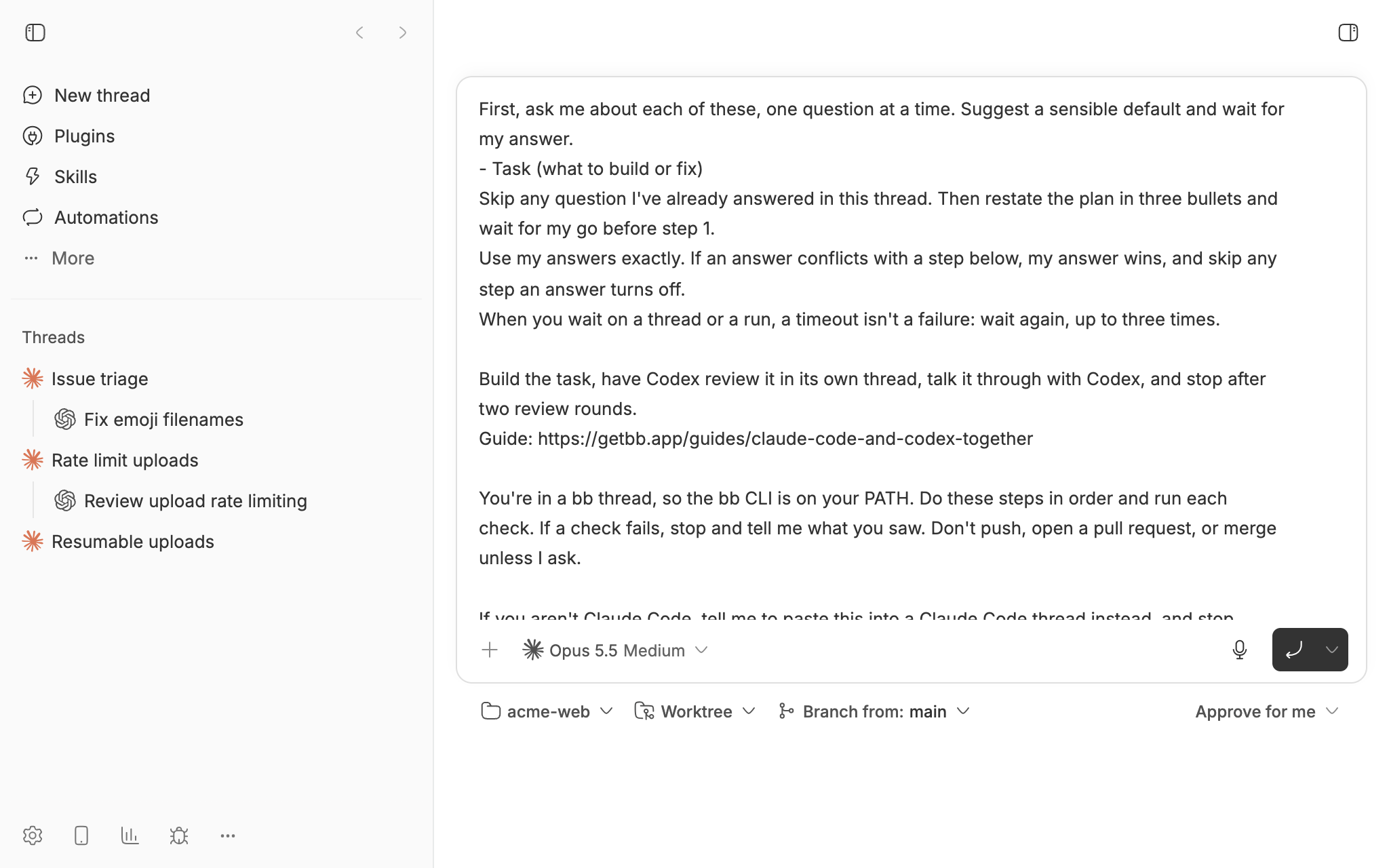 A new bb thread with Opus 5.5, acme-web, and Worktree picked. The guide's prompt is pasted, starting with the questions the agent asks: your task.