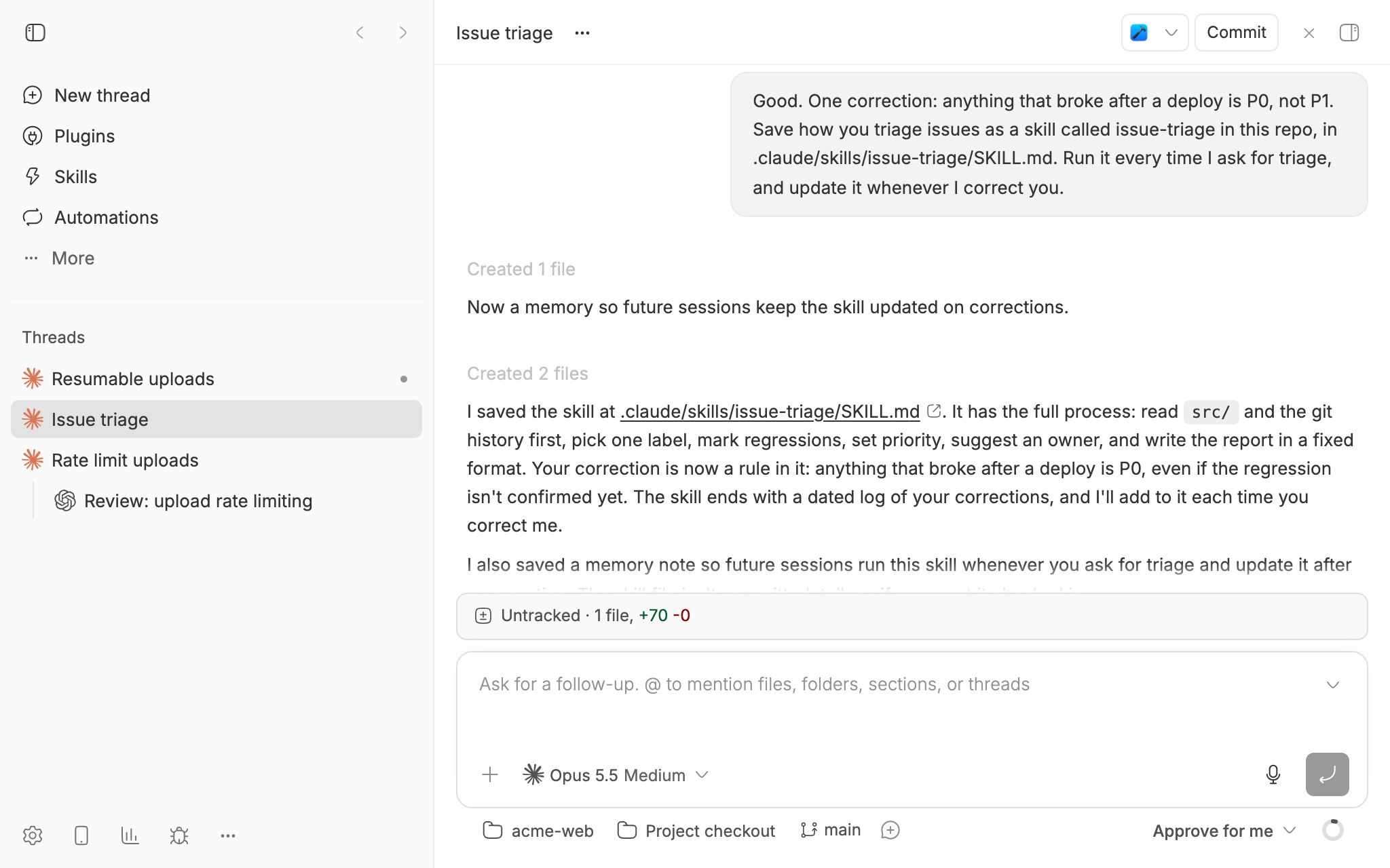 The Issue triage thread in bb. After a correction that anything broken by a deploy is P0, the agent says it saved the issue-triage skill with the correction as a rule, and will update it each time it's corrected.