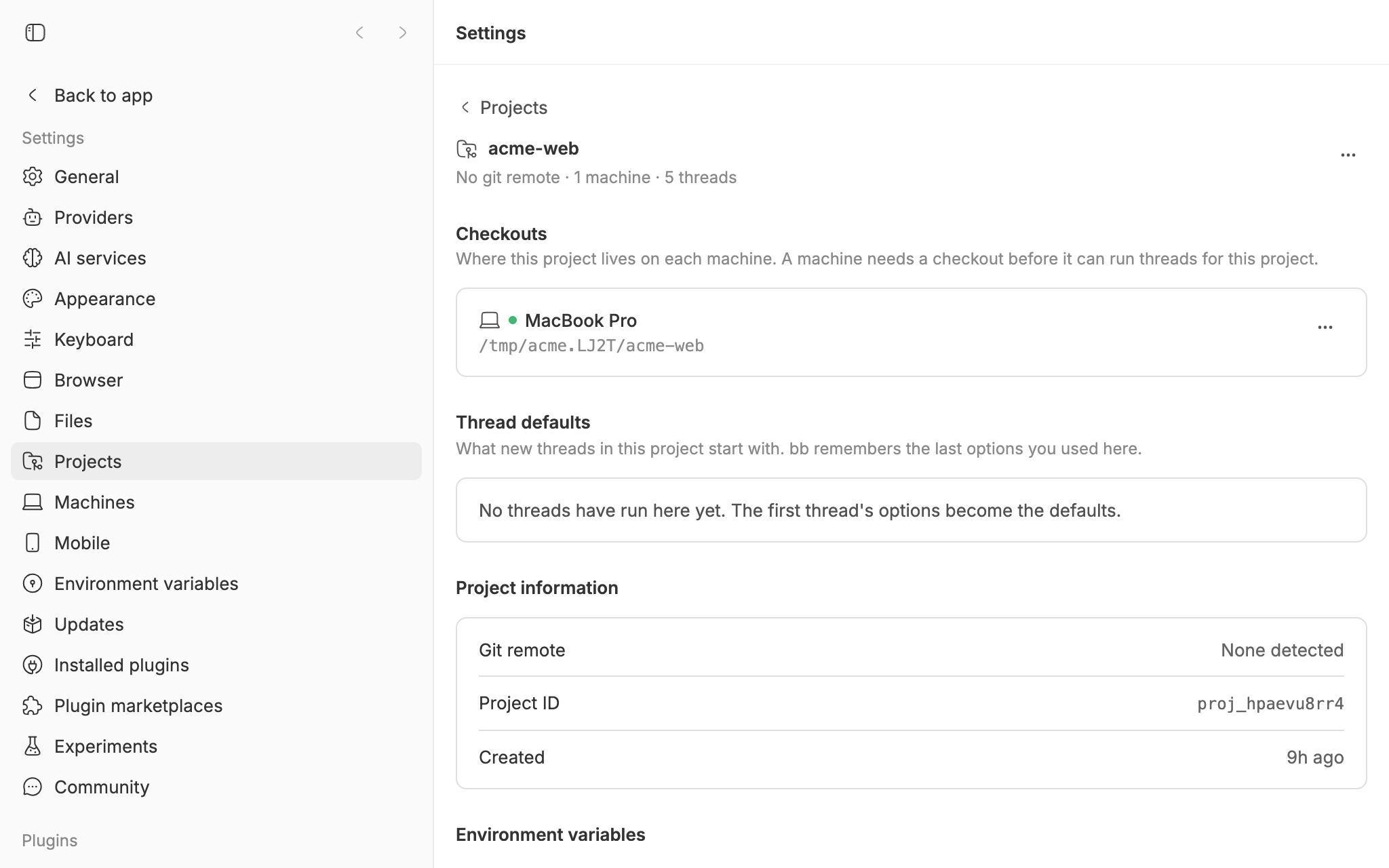 A project's settings in bb, with a Checkouts section listing where the project lives on each machine
