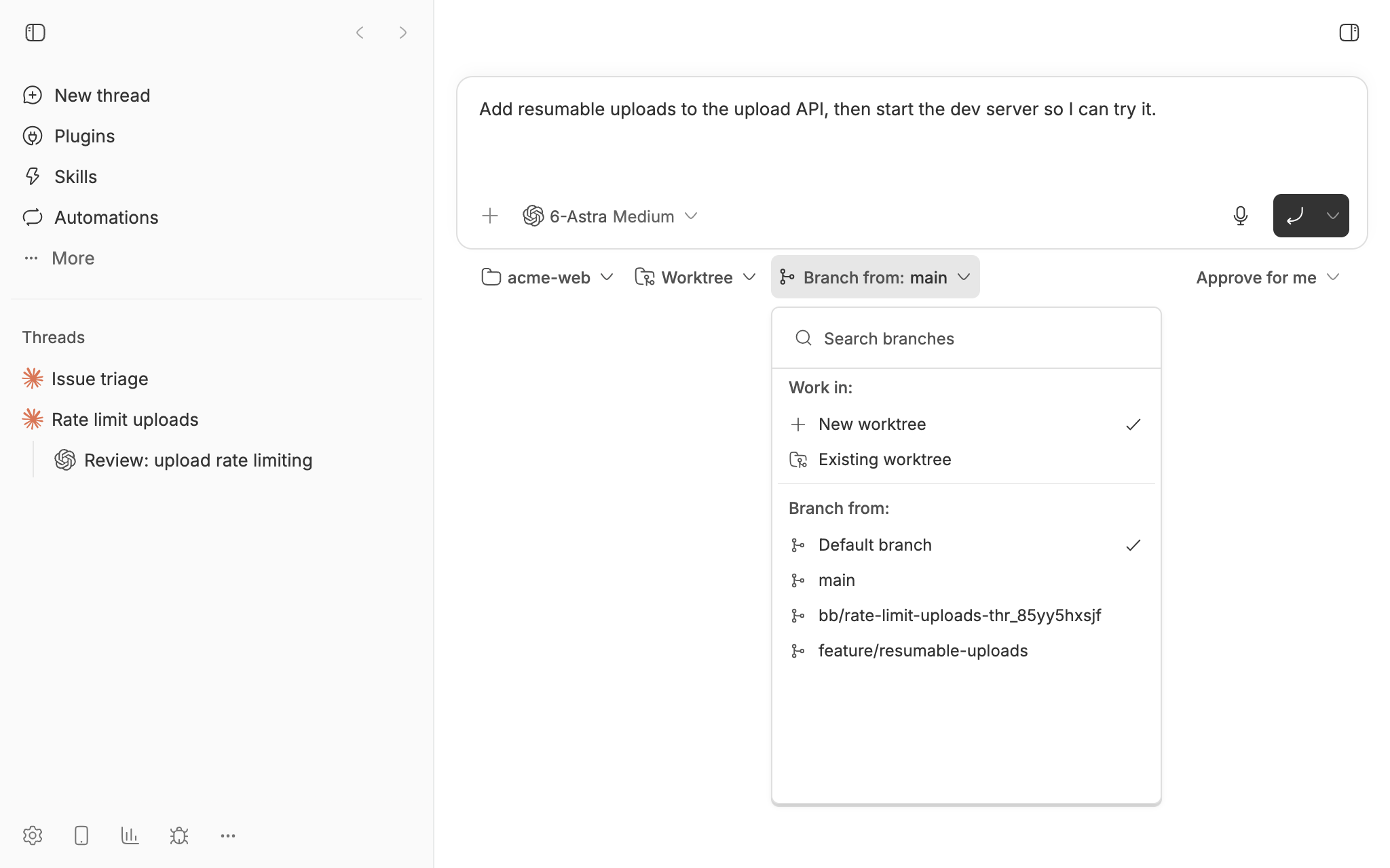 A new bb thread in acme-web with Worktree chosen and the Branch from list open, showing main and feature branches