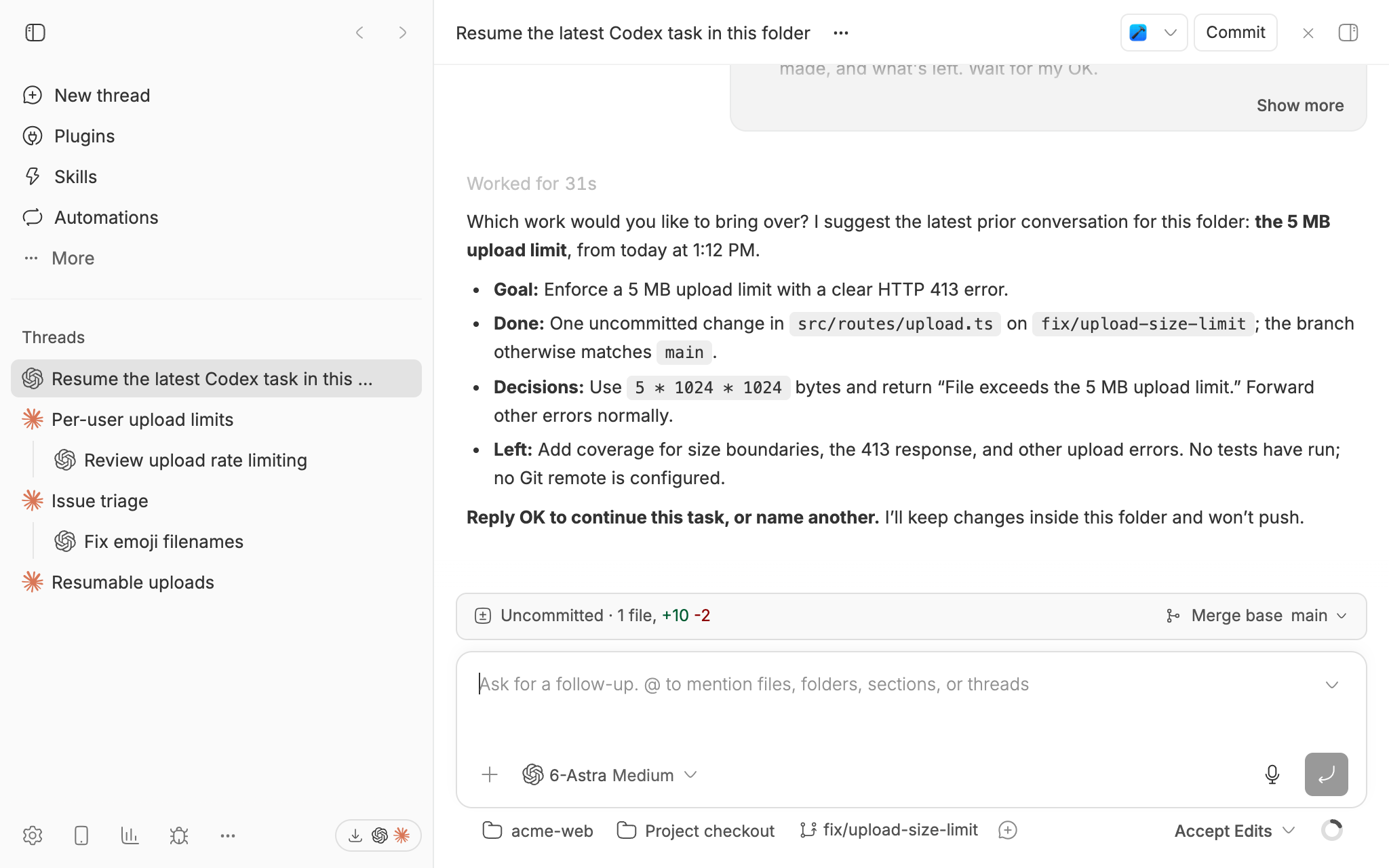 A bb thread where the agent asks which work to bring over, suggests the latest prior conversation for the folder, and writes a handoff for the 5 MB upload limit: the goal, what's done, decisions, and the tests left